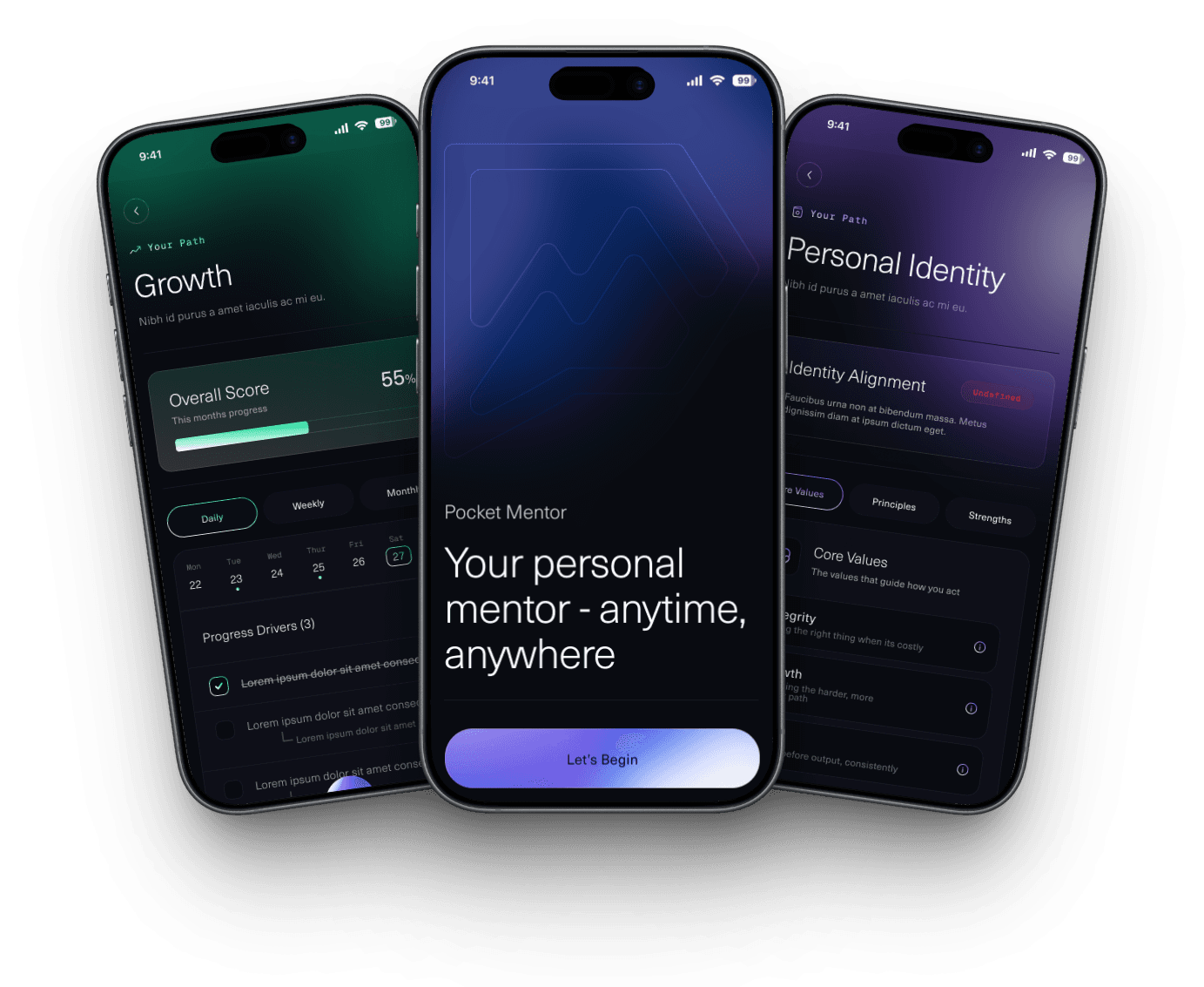Pocket Mentor app: welcome, growth tracking, and personal identity screens